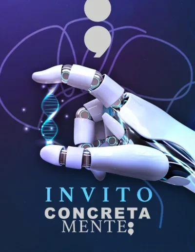 Manifesto con immagine di una mano robotica per parlare di argomenti tech insieme a concretamente.info